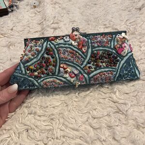 Hand Beaded Shell Clutch Purse Teal Blue Kiss Lock Evening Bag w/ Chain
